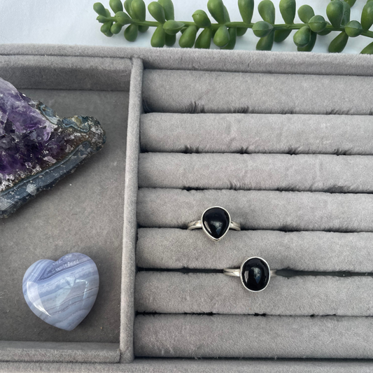 Whitby Jet Oval Sterling Silver Rings | P + Q | 7.75 + 8.25 | 56.3mm + 57.6mm