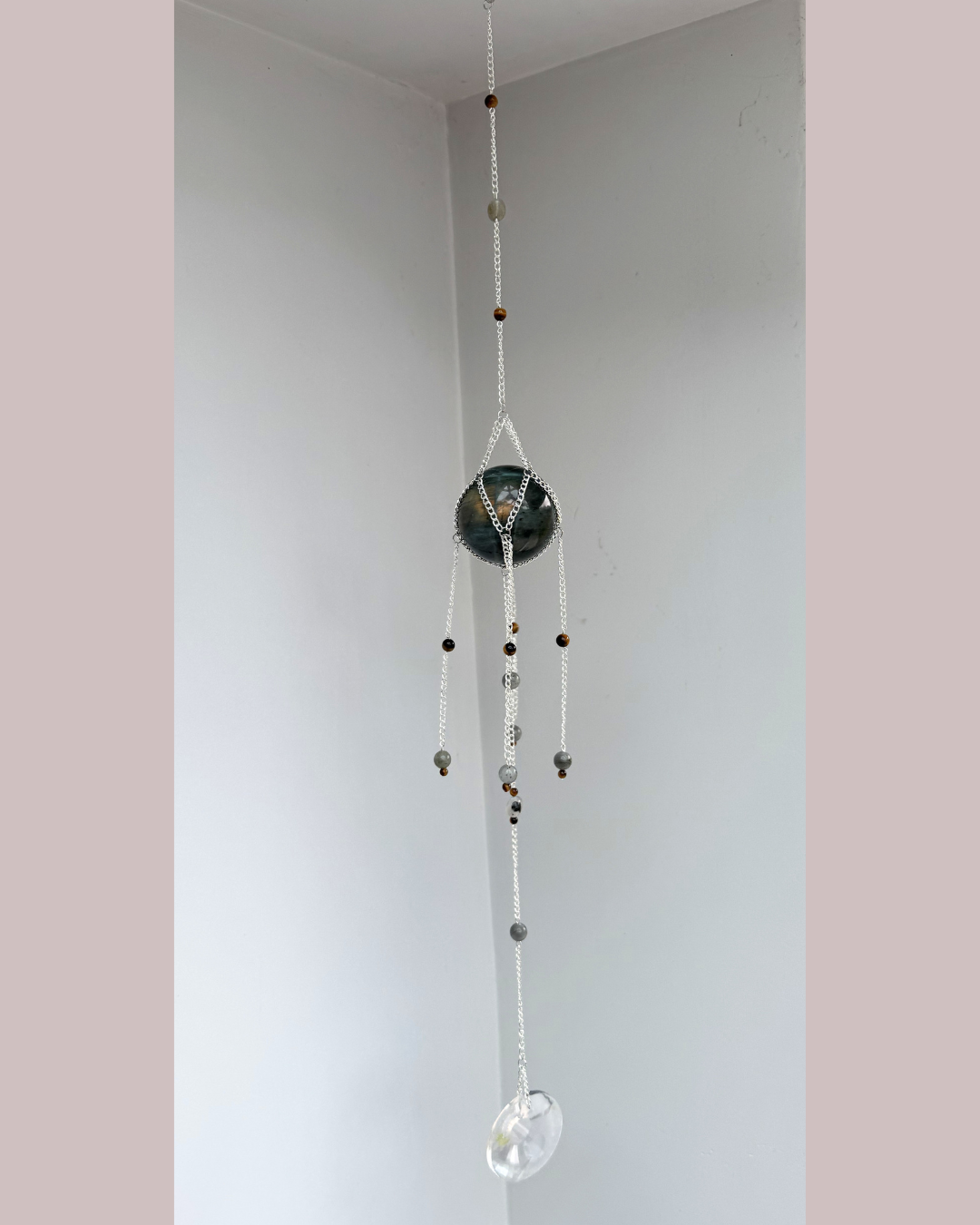 Labradorite Sphere + Tigers Eye Suncatcher | Handmade Crystal Wall Hanging