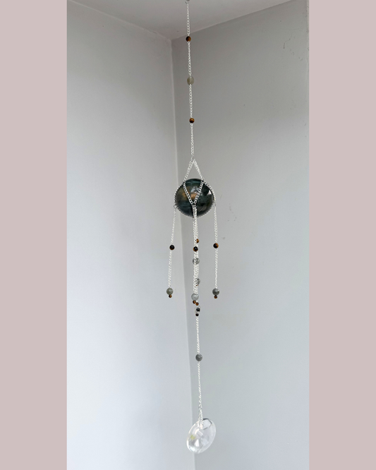 Labradorite Sphere + Tigers Eye Suncatcher | Handmade Crystal Wall Hanging