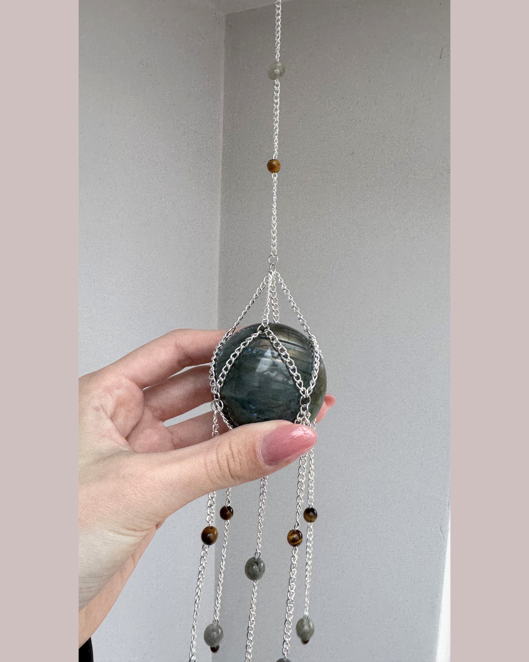 Labradorite Sphere + Tigers Eye Suncatcher | Handmade Crystal Wall Hanging