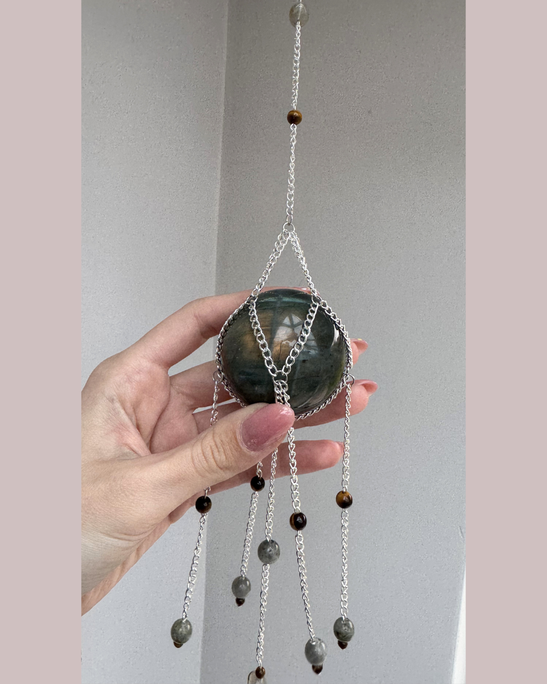 Labradorite Sphere + Tigers Eye Suncatcher | Handmade Crystal Wall Hanging