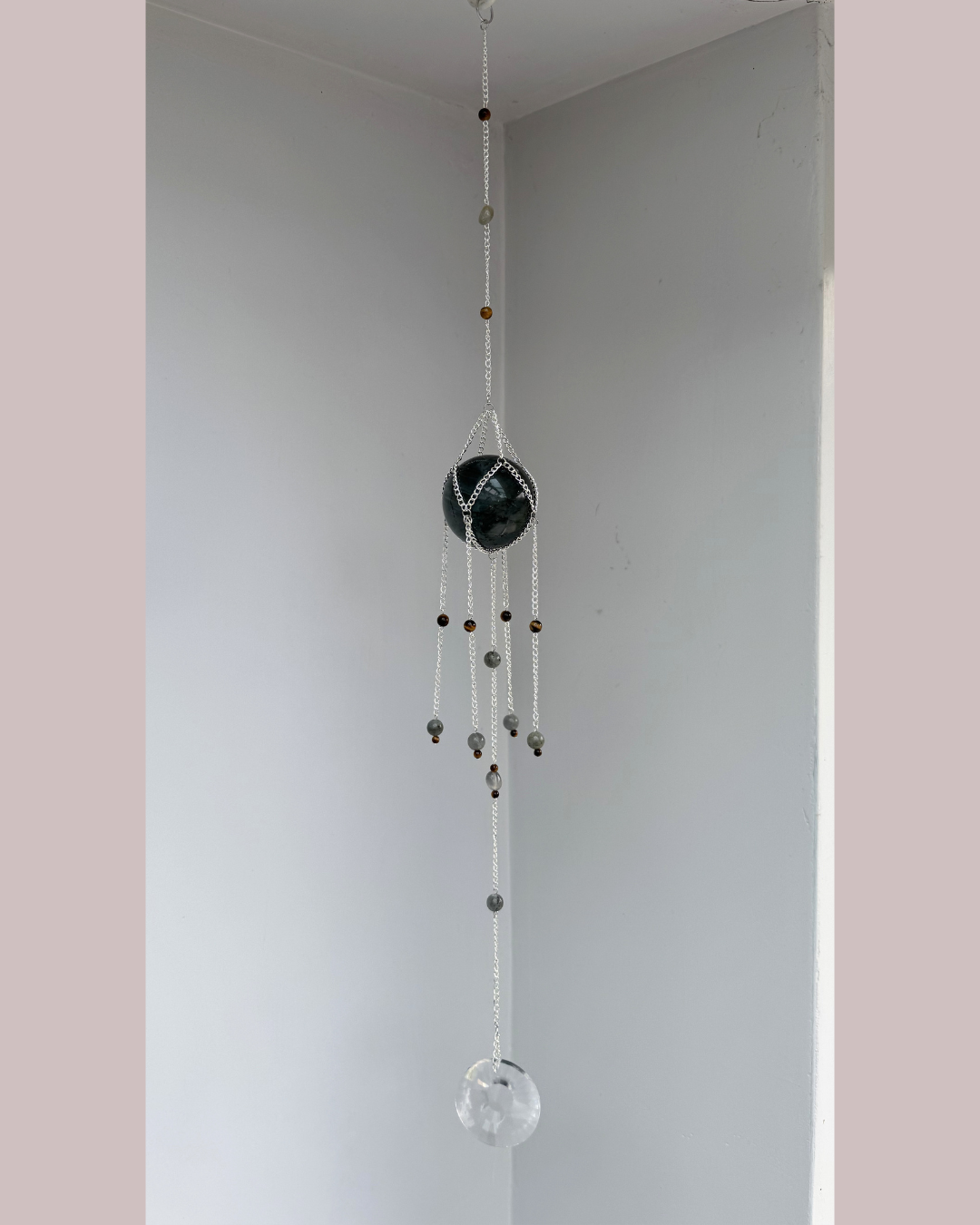 Labradorite Sphere + Tigers Eye Suncatcher | Handmade Crystal Wall Hanging