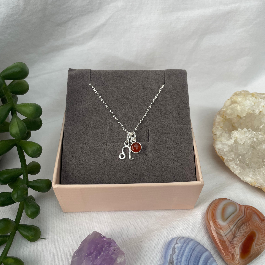 July Leo + Carnelian Necklace | July Birthstone Zodiac Necklace | Sterling Silver | 18 Inch