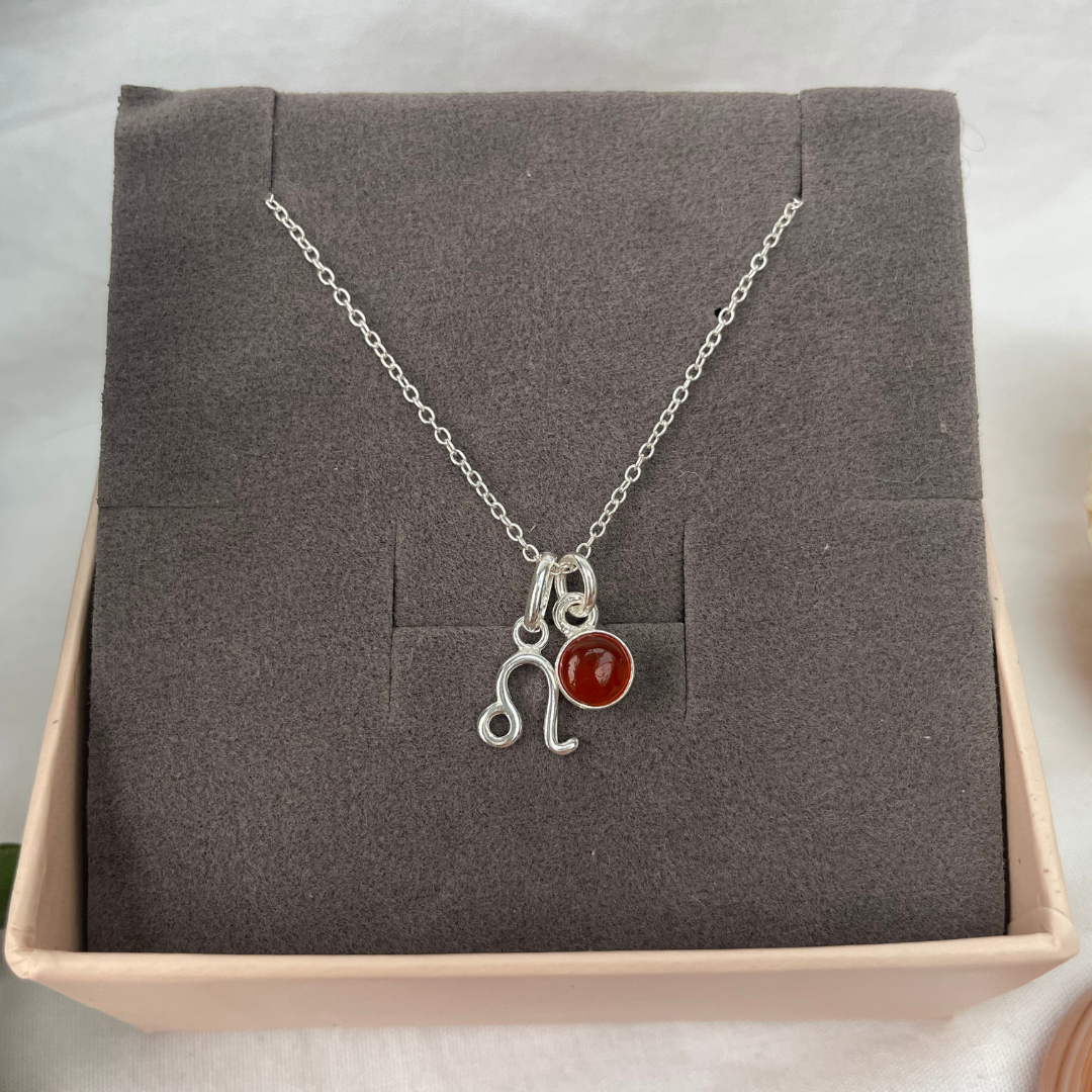 July Leo + Carnelian Necklace | July Birthstone Zodiac Necklace | Sterling Silver | 18 Inch