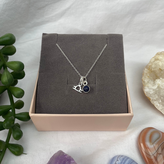 September Libra + Lapis Lazuli Necklace | September Birthstone Zodiac Necklace | Sterling Silver | 18 Inch