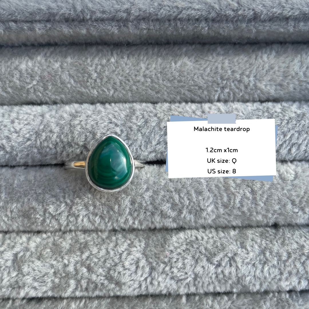 Malachite Teardrop Sterling Silver Rings | Q | 8