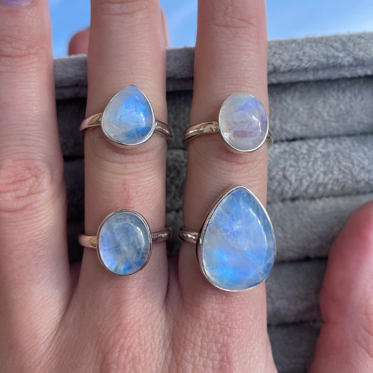 Rainbow Moonstone Sterling Silver Rings | L, O, Q