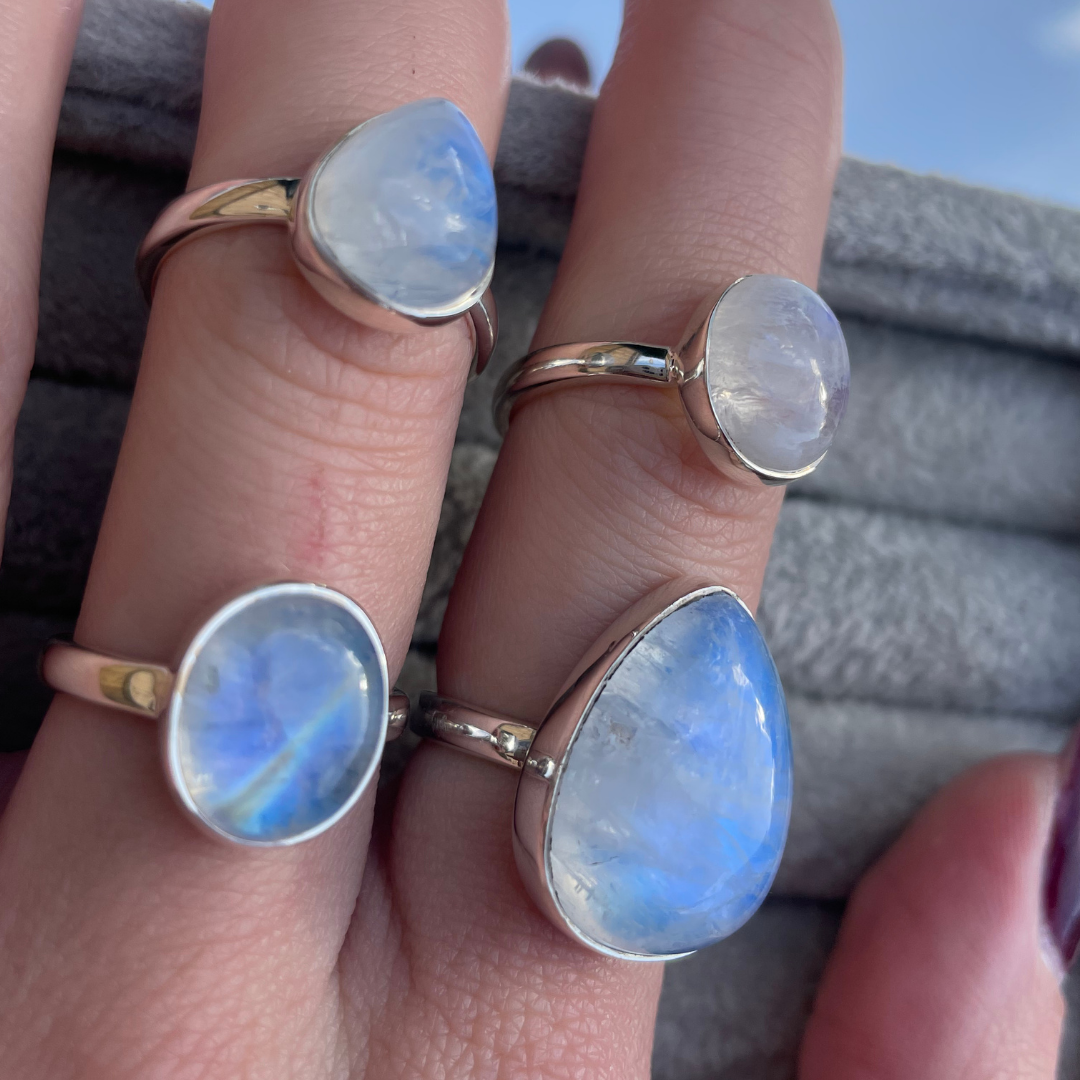 Rainbow Moonstone Sterling Silver Rings | L, O, Q