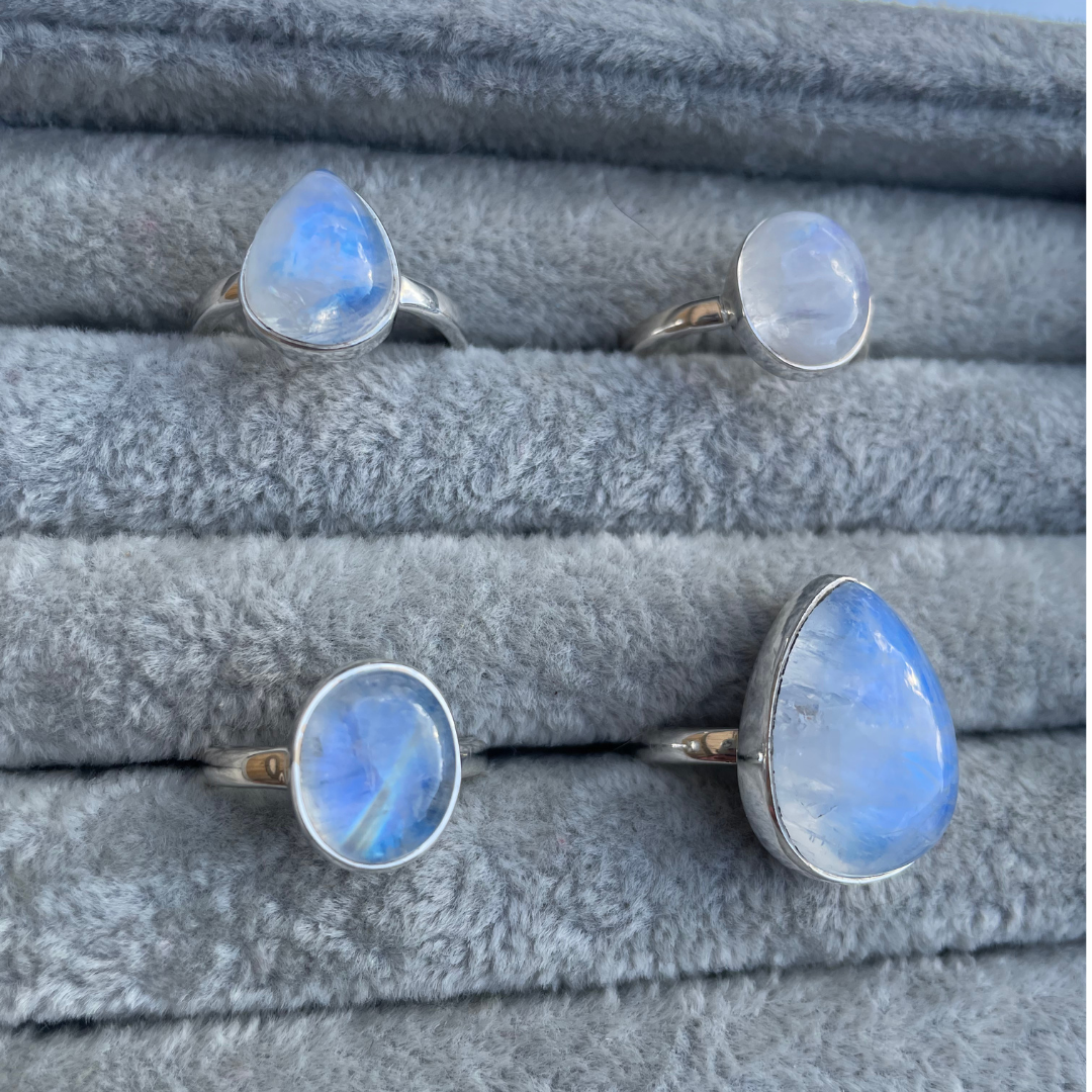 Rainbow Moonstone Sterling Silver Rings | L, O, Q