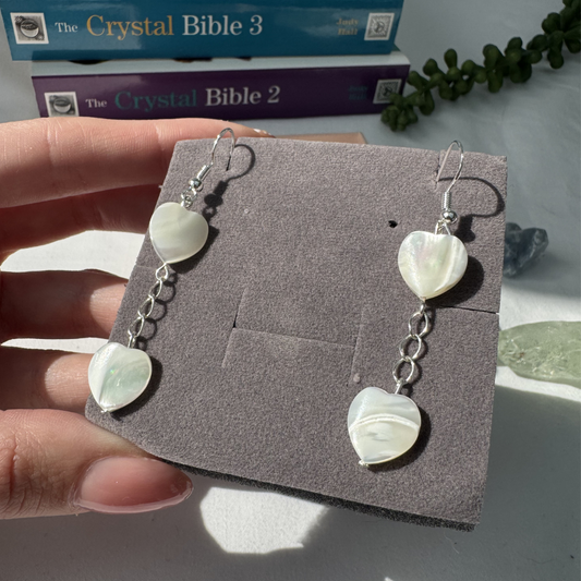 Mother of Pearl Heart Dangly Earrings | Handmade