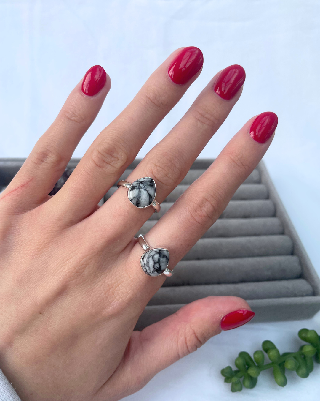 Pinolith Teardrop Sterling Silver Rings | R 1/2 + O | 9 + 7.25