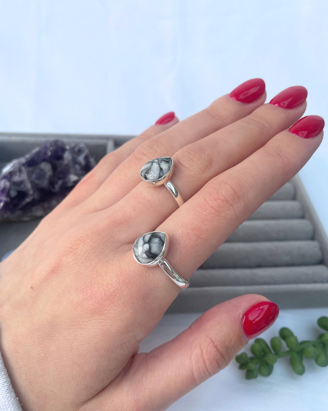 Pinolith Teardrop Sterling Silver Rings | R 1/2 + O | 9 + 7.25