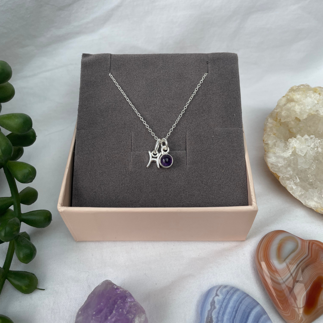 February Pisces + Amethyst Necklace | February Birthstone Zodiac Necklace | Sterling Silver | 18 Inch