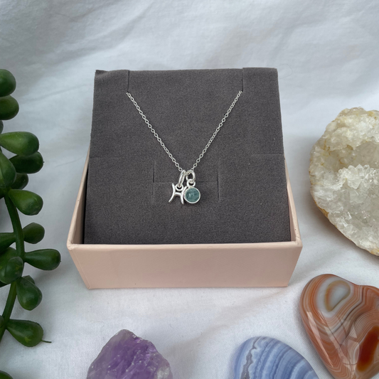 March Pisces + Aquamarine Necklace | March Birthstone Zodiac Necklace | Sterling Silver | 18 Inch