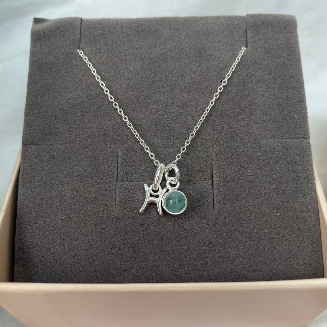 March Pisces + Aquamarine Necklace | March Birthstone Zodiac Necklace | Sterling Silver | 18 Inch