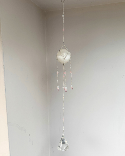 Selenite Sphere Suncatcher + Rose quartz | Handmade Crystal Wall Hanging | Alternate Ending