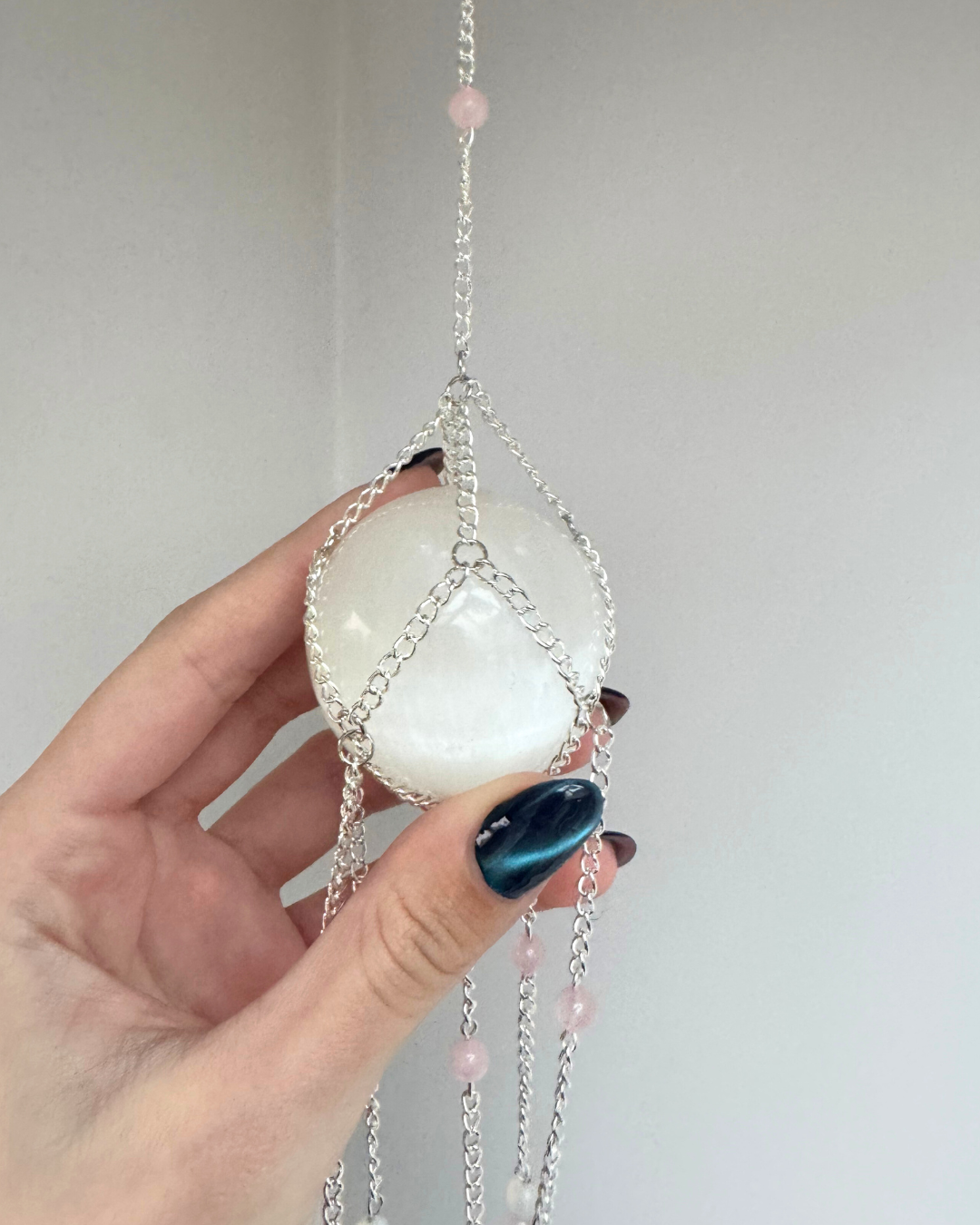 Selenite Sphere Suncatcher + Rose quartz | Handmade Crystal Wall Hanging | Alternate Ending