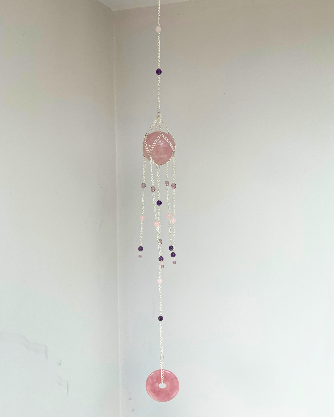 Rose Quartz Sphere Suncatcher + Black Onyx | Handmade Crystal Wall Hanging