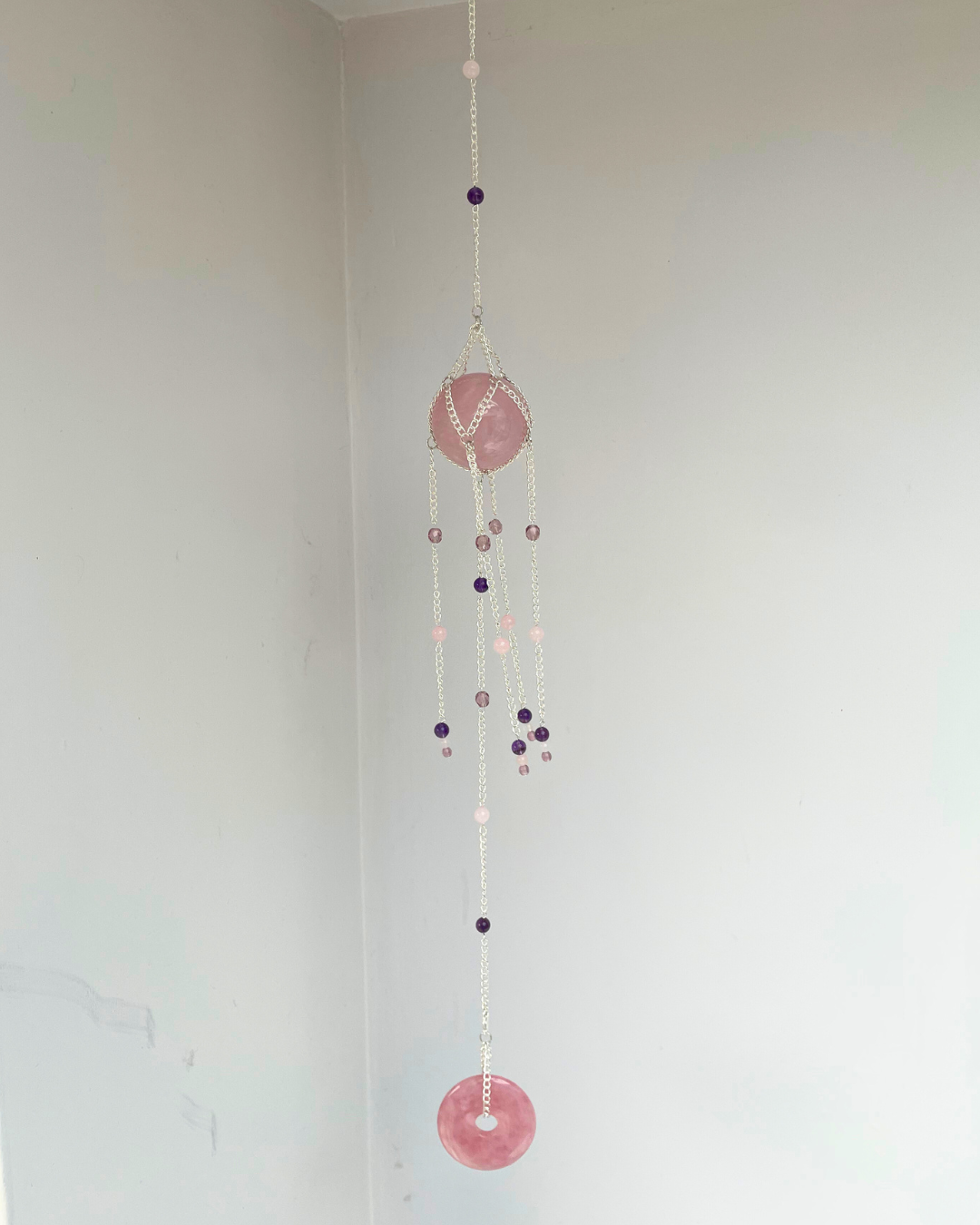 Rose Quartz Sphere Suncatcher + Black Onyx | Handmade Crystal Wall Hanging