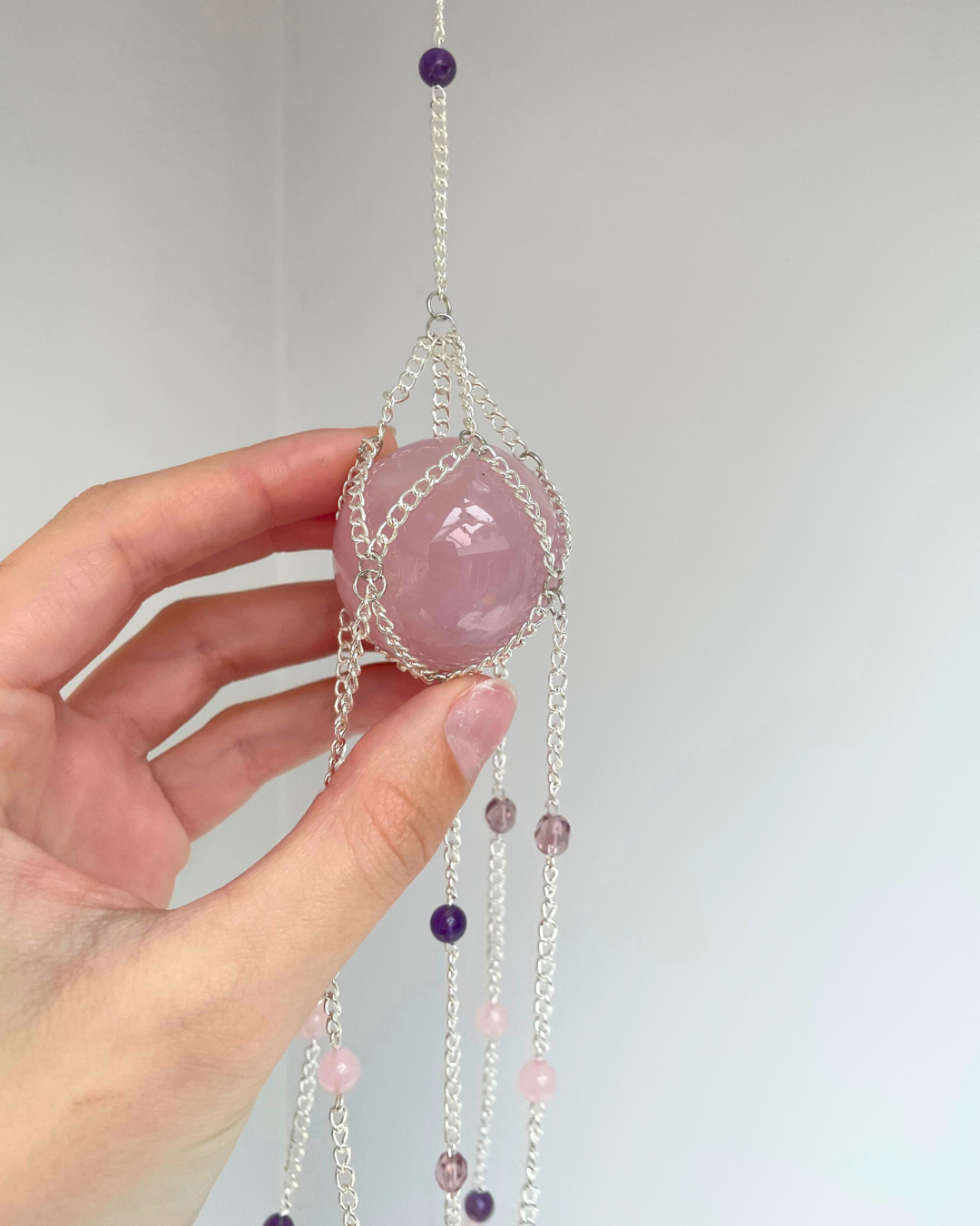 Rose Quartz Sphere Suncatcher + Black Onyx | Handmade Crystal Wall Hanging