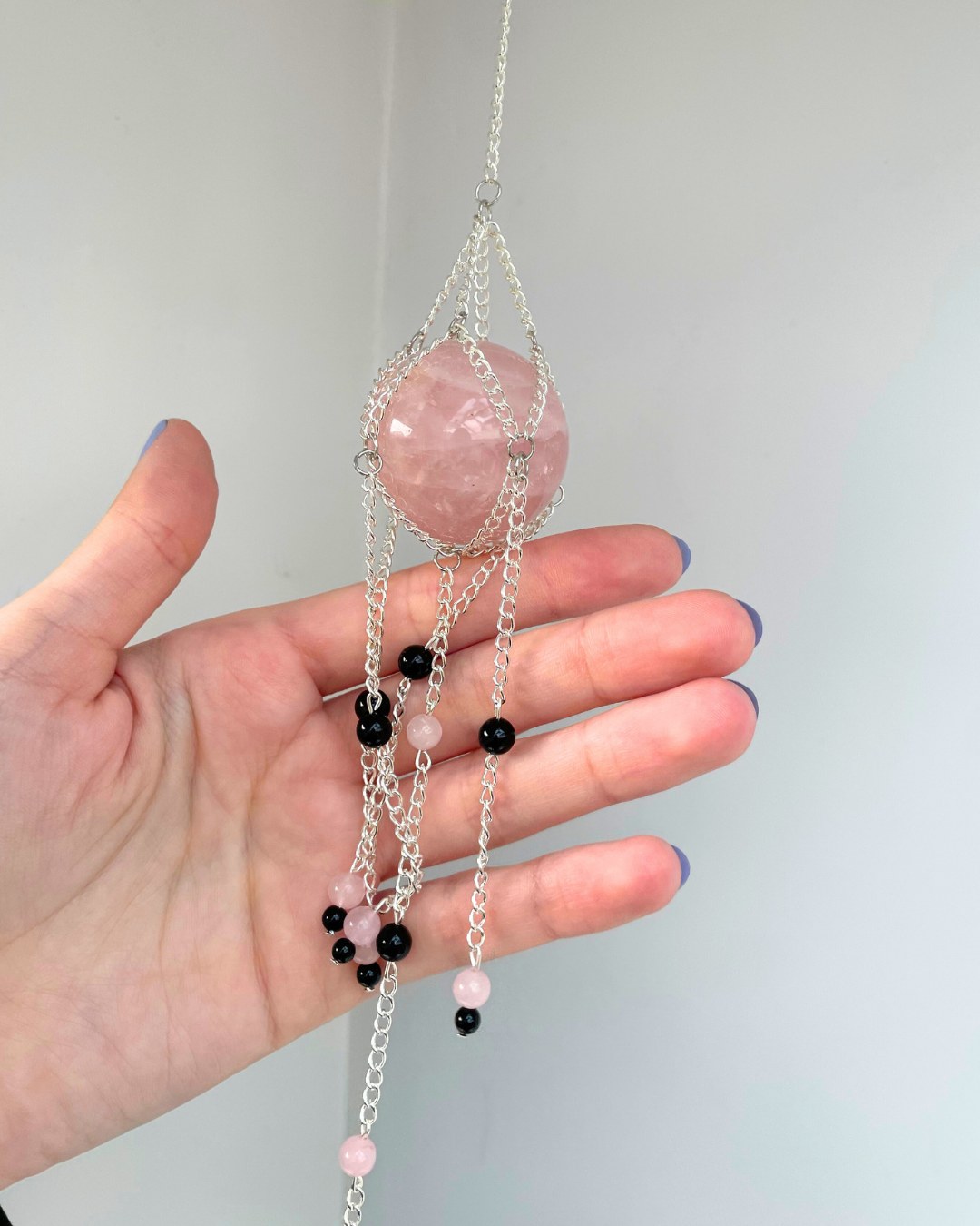 Rose Quartz Sphere Suncatcher + Black Onyx | Handmade Crystal Wall Hanging