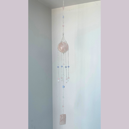 Rose Quartz + Blue Lace Agate Suncatcher | Handmade Crystal Wall Hanging