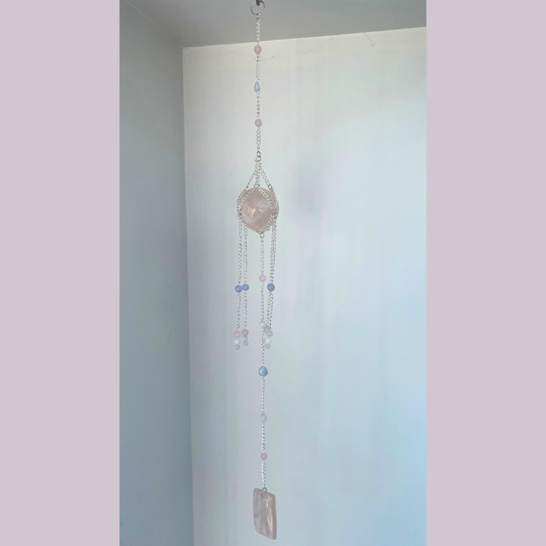 Rose Quartz + Blue Lace Agate Suncatcher | Handmade Crystal Wall Hanging