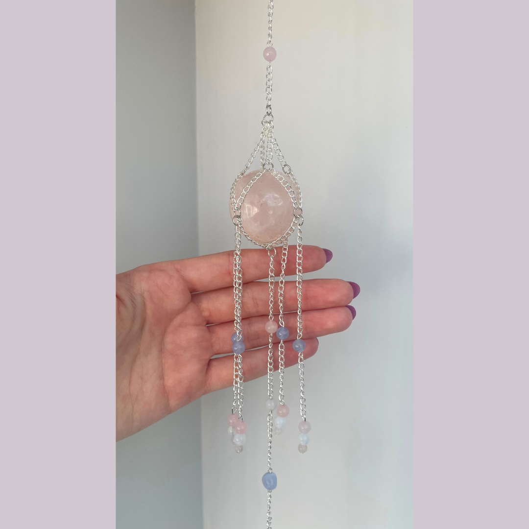 Rose Quartz + Blue Lace Agate Suncatcher | Handmade Crystal Wall Hanging