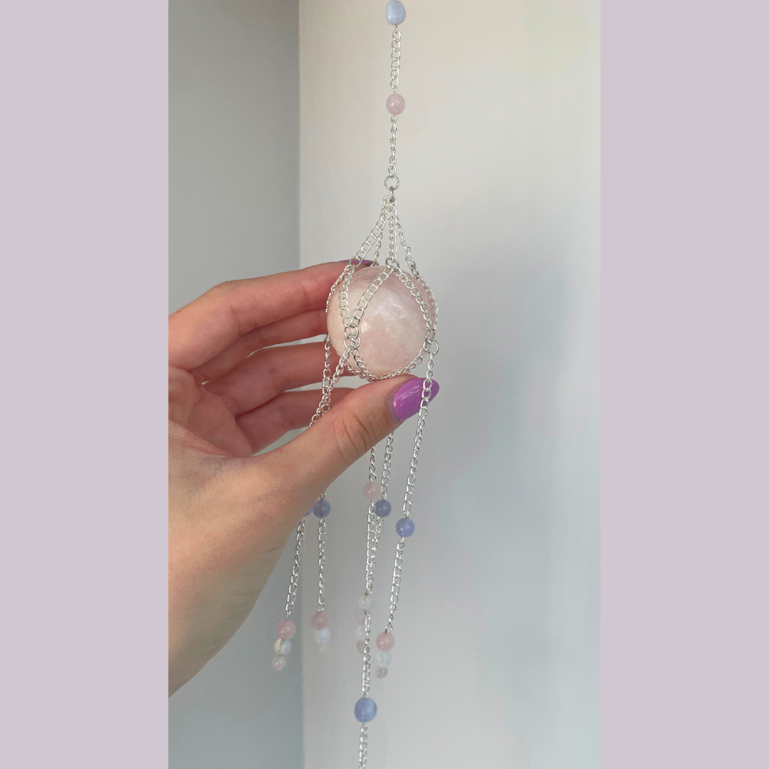 Rose Quartz + Blue Lace Agate Suncatcher | Handmade Crystal Wall Hanging