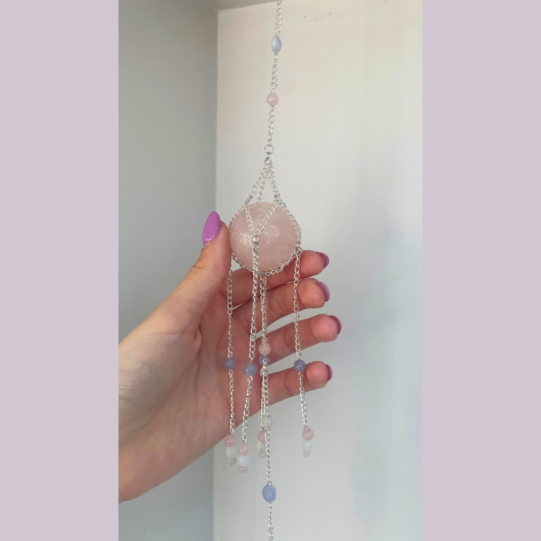 Rose Quartz + Blue Lace Agate Suncatcher | Handmade Crystal Wall Hanging