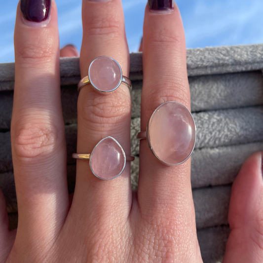 Rose Quartz Teardrop Sterling Silver Rings | K, O, Q