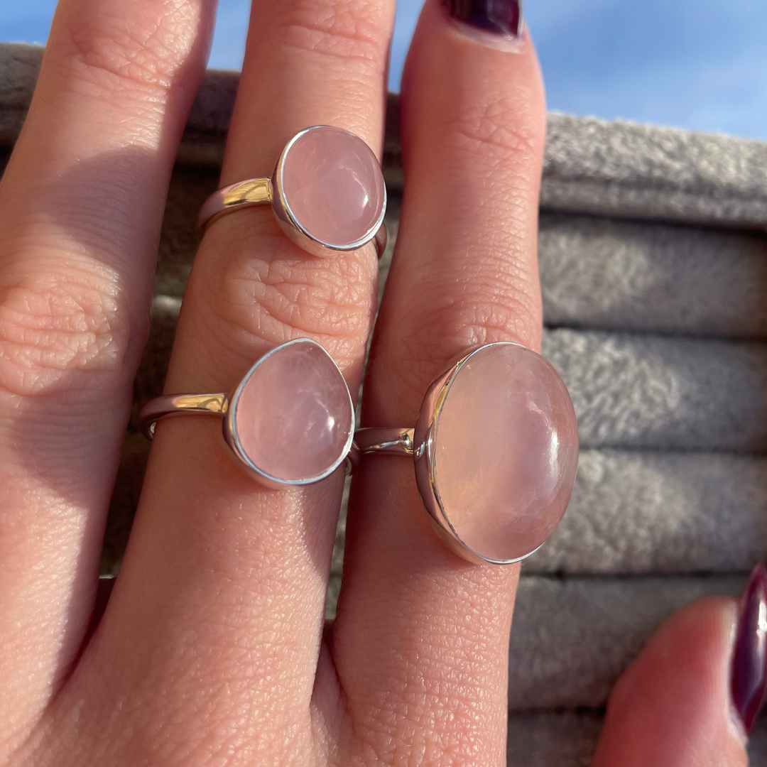 Rose Quartz Teardrop Sterling Silver Rings | K, O, Q