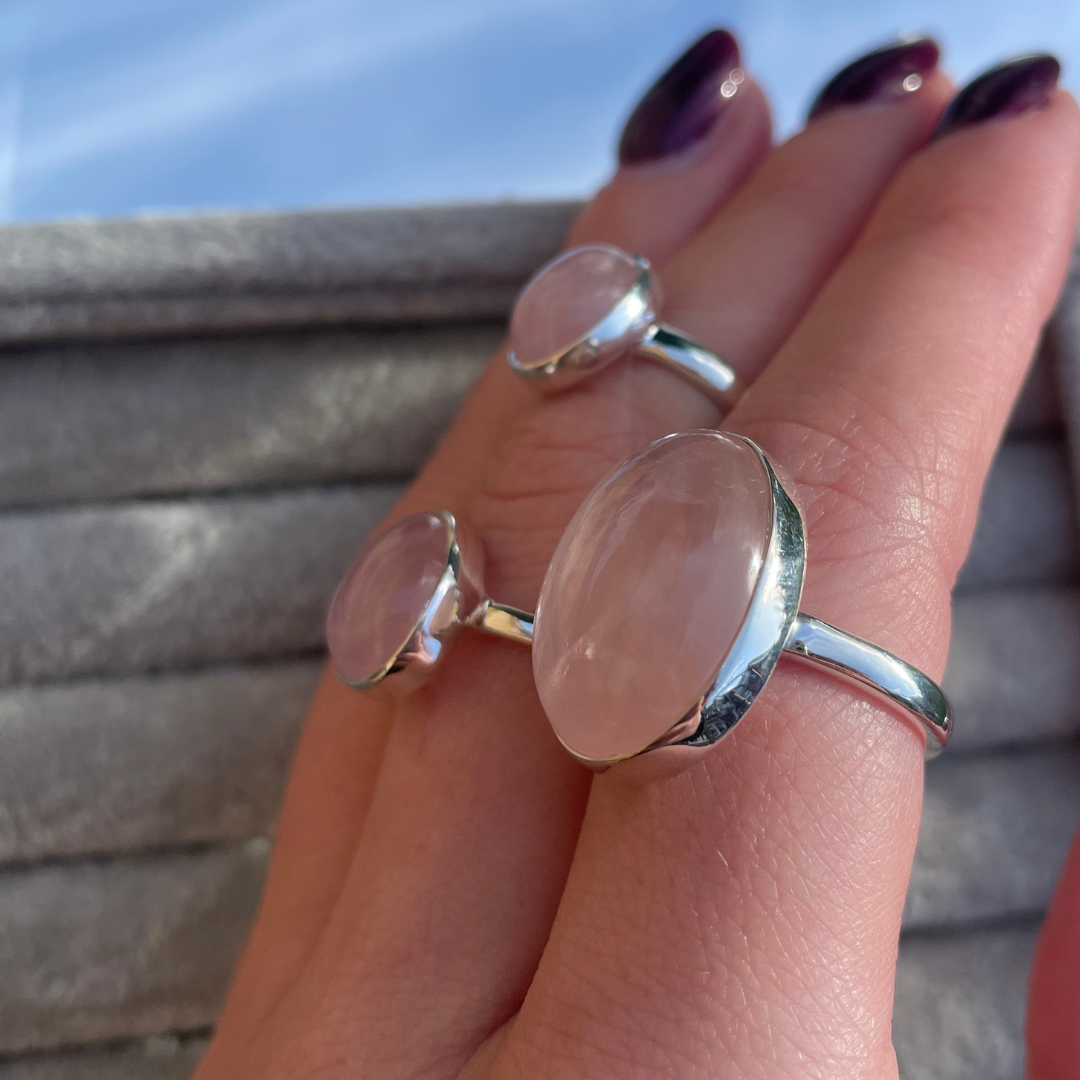 Rose Quartz Teardrop Sterling Silver Rings | K, O, Q