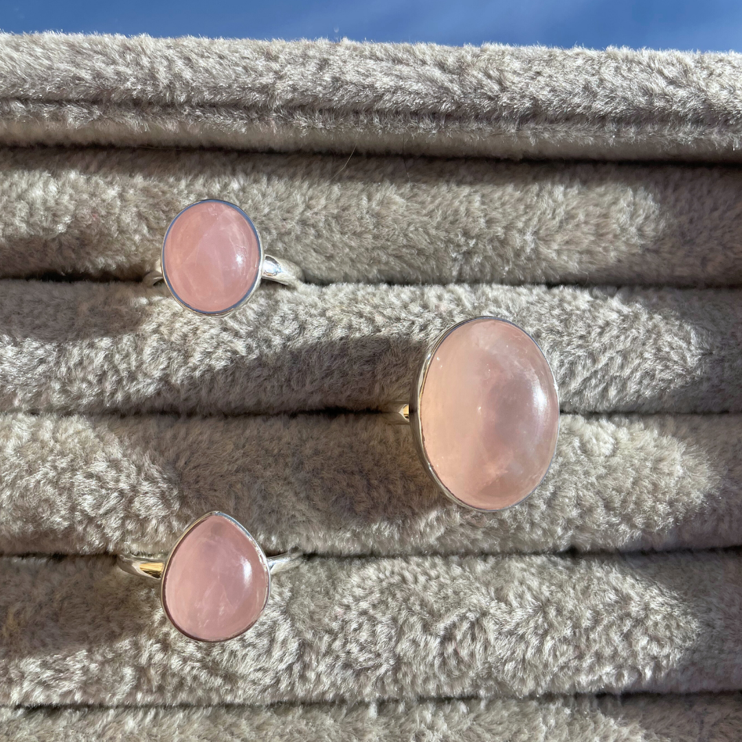 Rose Quartz Teardrop Sterling Silver Rings | K, O, Q