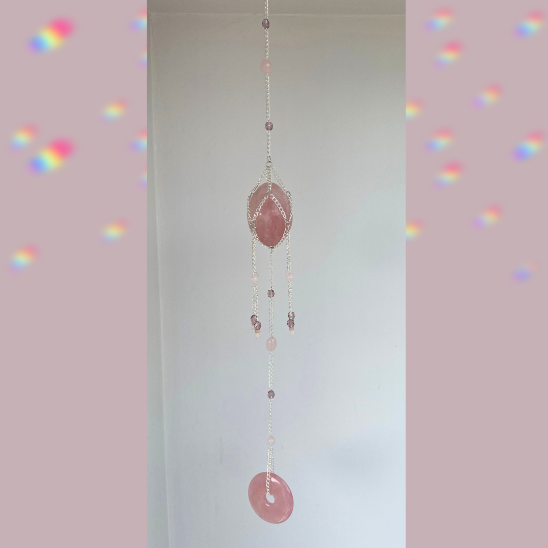 Rose Quartz Egg + Disc Suncatcher | Crystal Wall Hanging