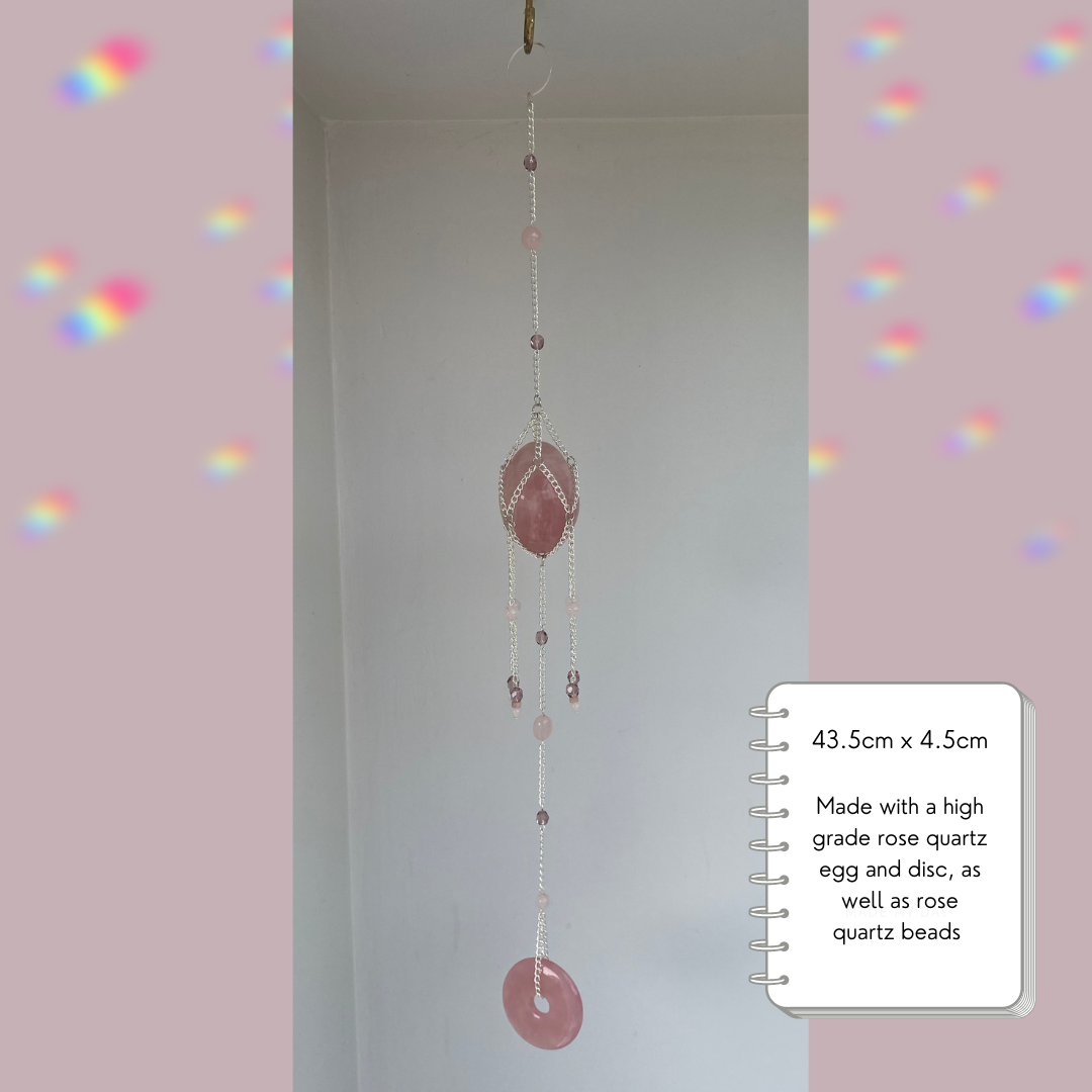 Rose Quartz Egg + Disc Suncatcher | Crystal Wall Hanging