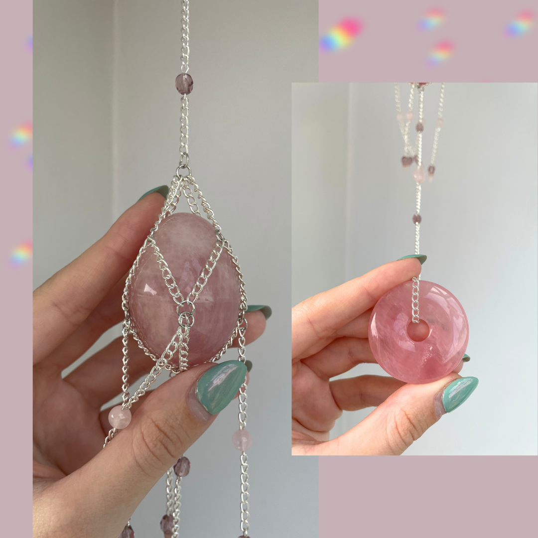 Rose Quartz Egg + Disc Suncatcher | Crystal Wall Hanging