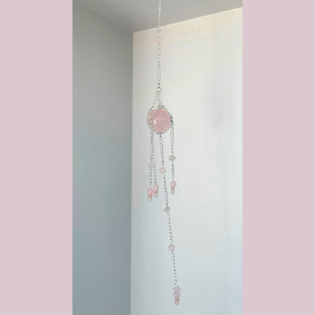 Rose Quartz Mini Suncatcher With Crystal Chips | Handmade Crystal Wall Hanging