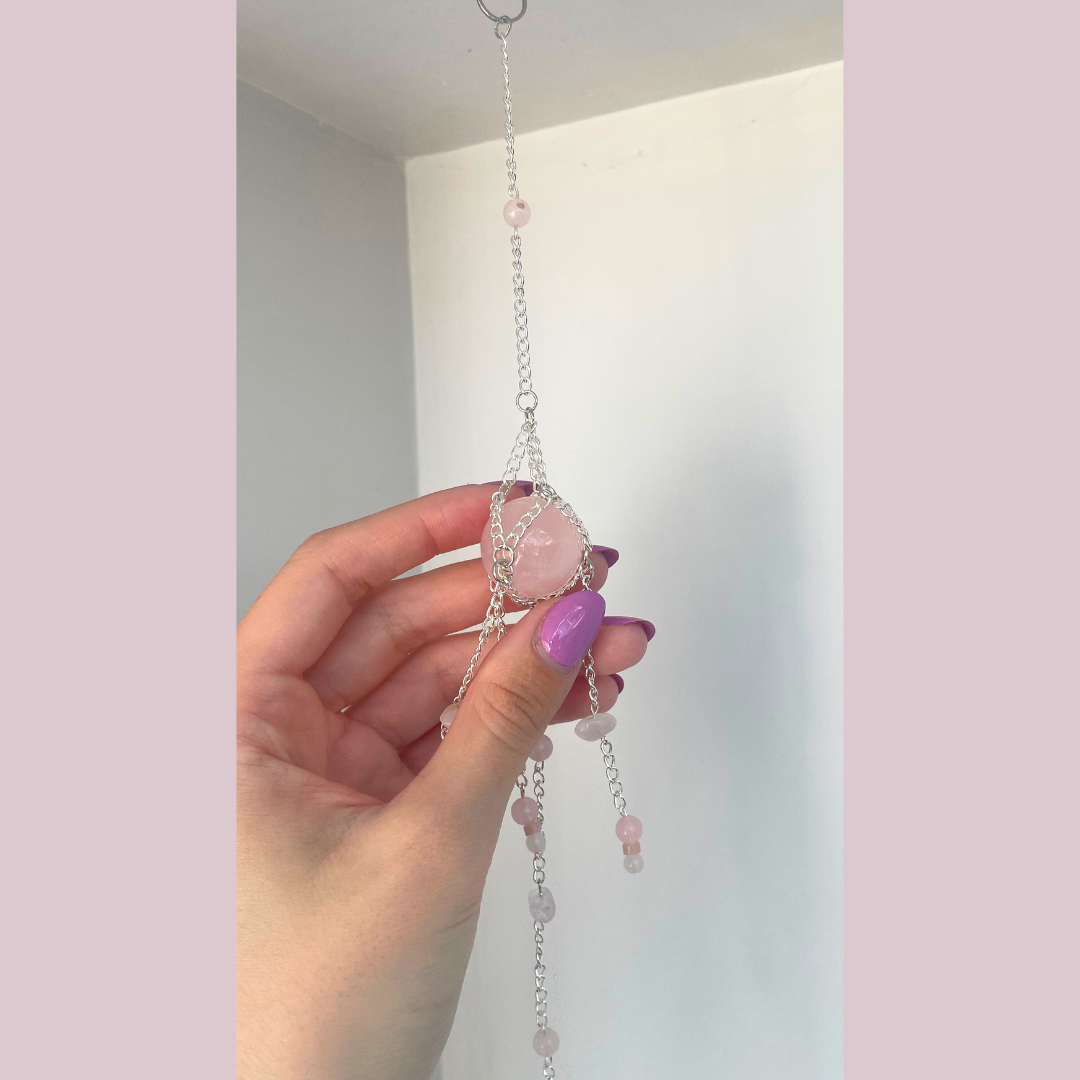 Rose Quartz Mini Suncatcher With Crystal Chips | Handmade Crystal Wall Hanging