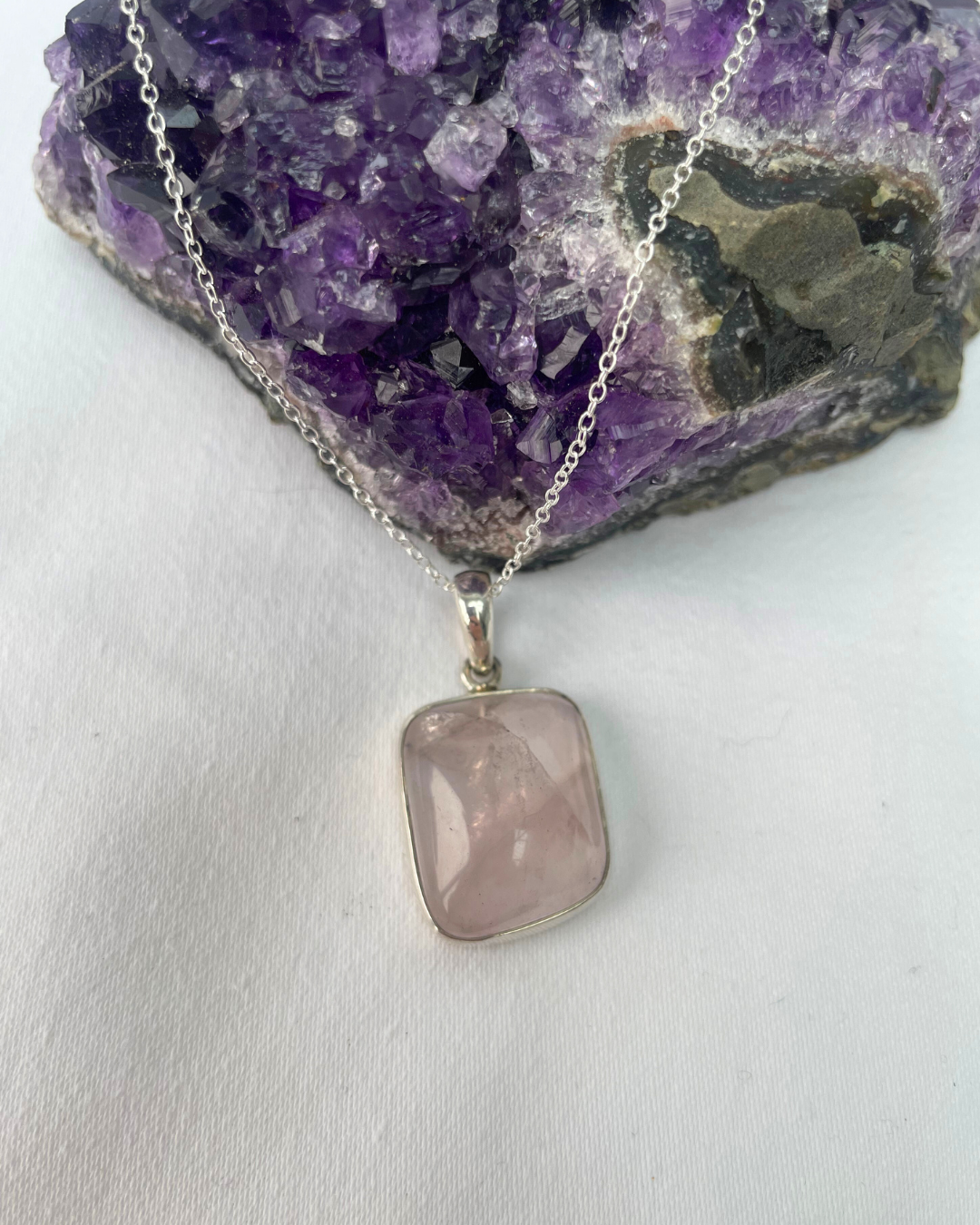Rose Quartz Square Necklace | Sterling Silver Pendant + 18 Inch Sterling Silver Chain