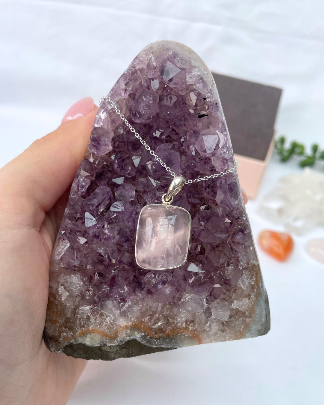 Rose Quartz Square Necklace | Sterling Silver Pendant + 18 Inch Sterling Silver Chain