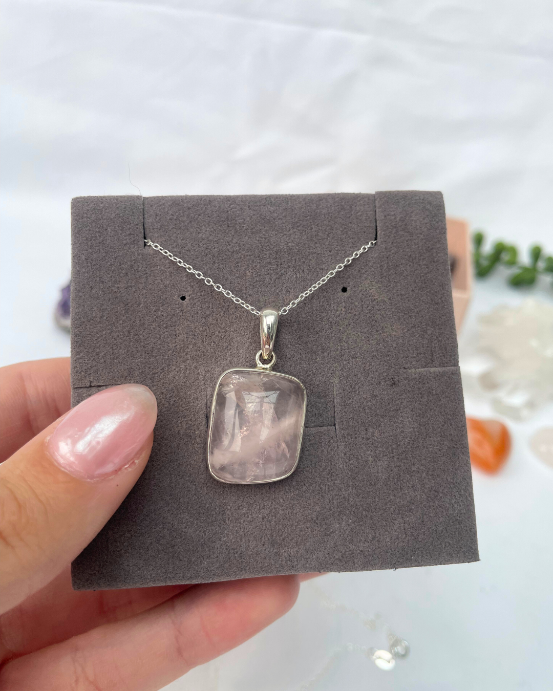 Rose Quartz Square Necklace | Sterling Silver Pendant + 18 Inch Sterling Silver Chain