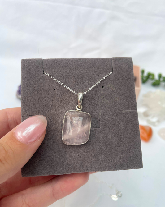 Rose Quartz Square Necklace | Sterling Silver Pendant + 18 Inch Sterling Silver Chain