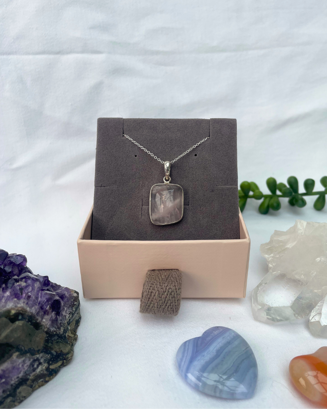 Rose Quartz Square Necklace | Sterling Silver Pendant + 18 Inch Sterling Silver Chain