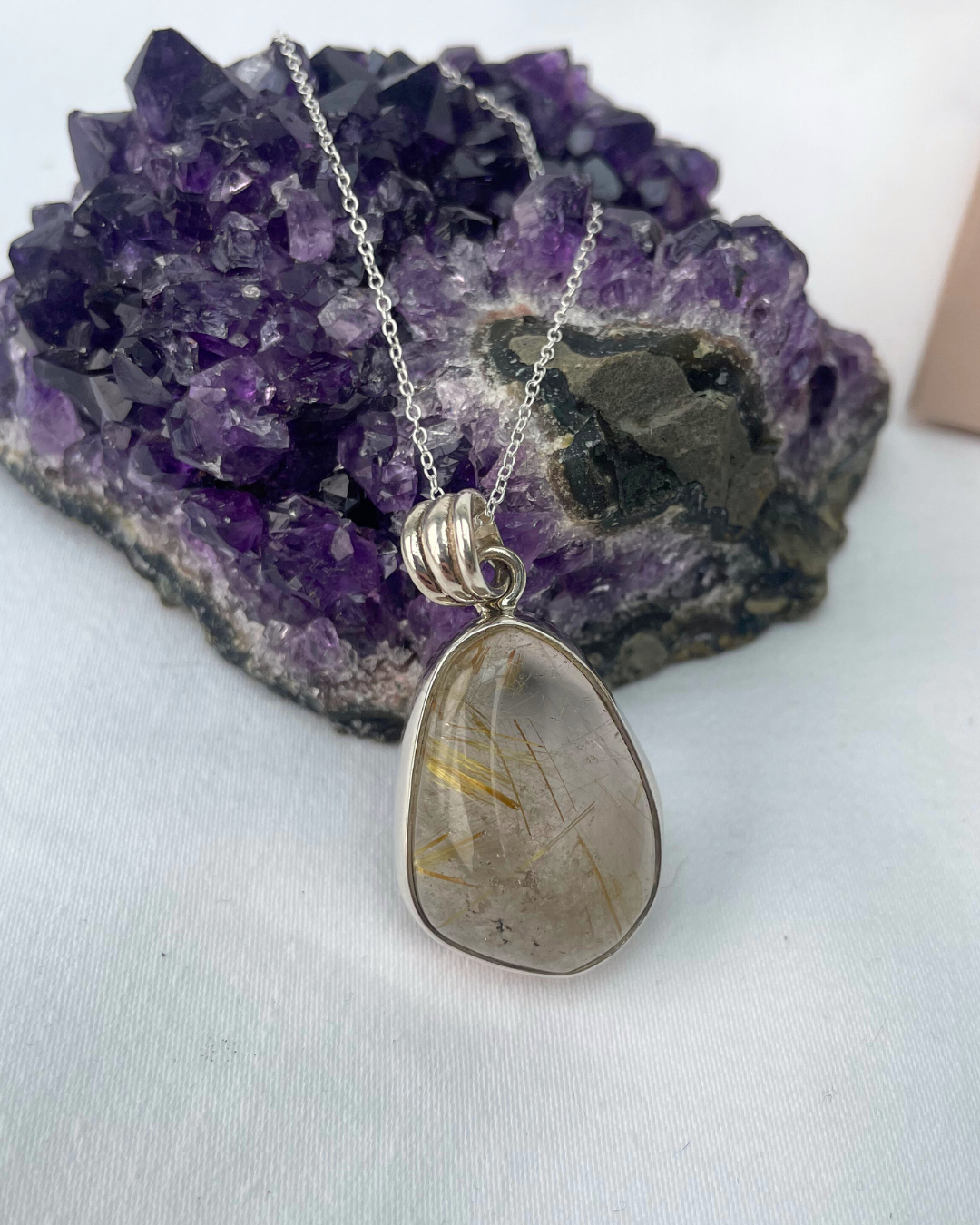 Rutilated Quartz Necklace | Sterling Silver Pendant + 18 Inch Sterling Silver Chain