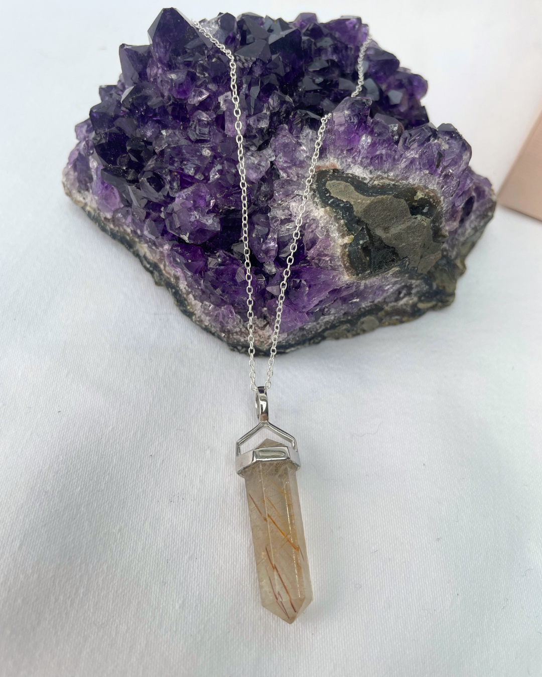 Rutilated Quartz Point Necklace | Sterling Silver Pendant + 18 Inch Sterling Silver Chain