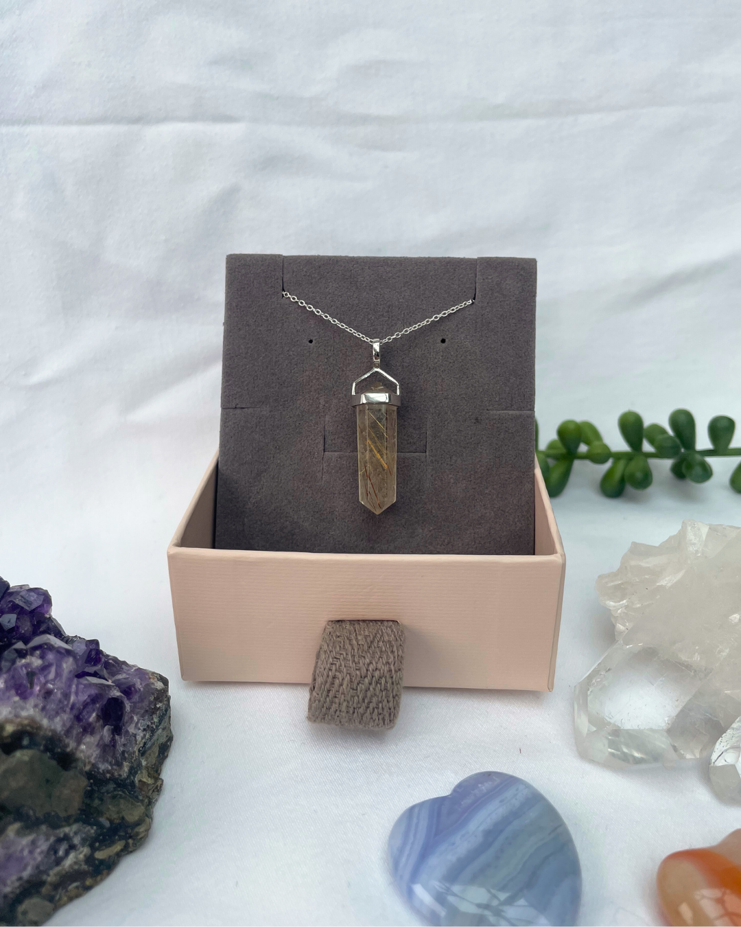 Rutilated Quartz Point Necklace | Sterling Silver Pendant + 18 Inch Sterling Silver Chain