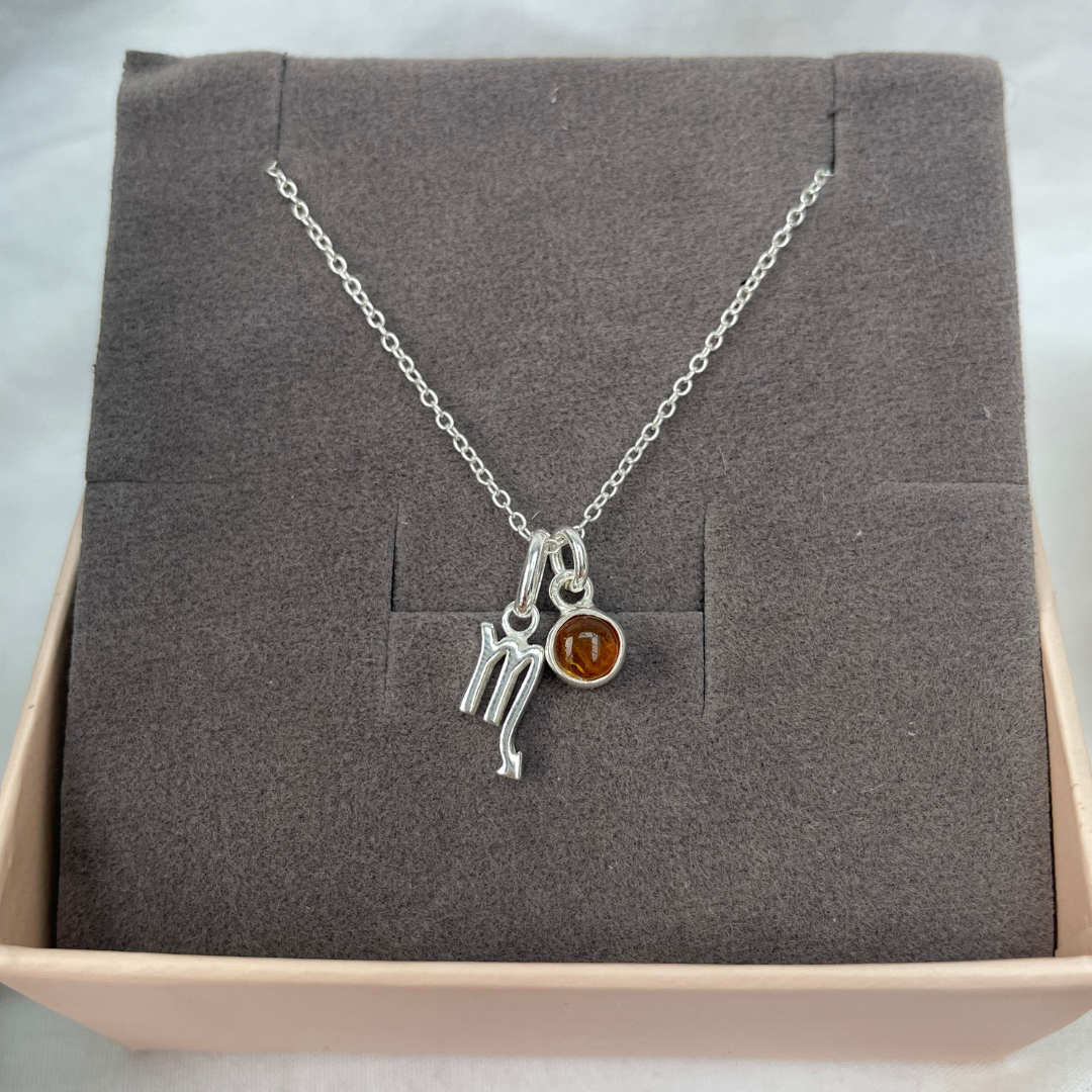 November Scorpio + Citrine Necklace | November Birthstone Zodiac Necklace | Sterling Silver | 18 Inch