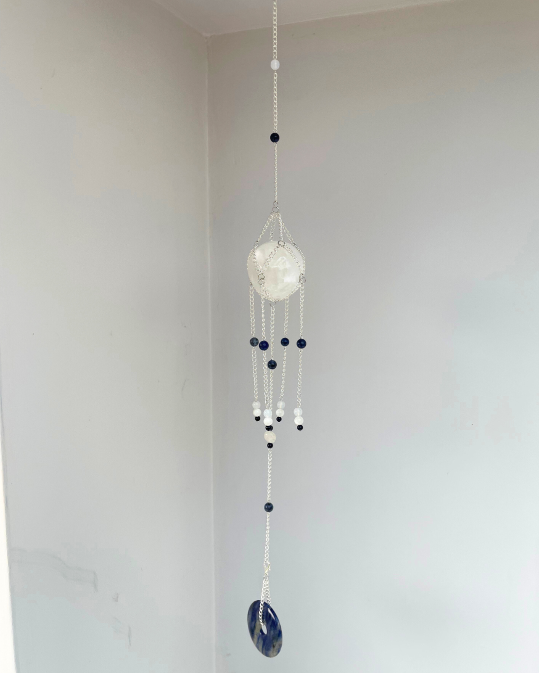 Selenite Sphere Suncatcher + Sodalite Disc | Handmade Crystal Wall Hanging