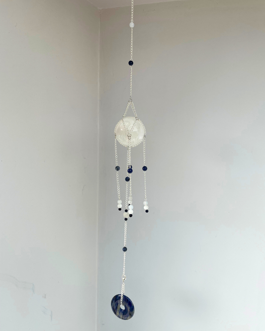 Selenite Sphere Suncatcher + Sodalite Disc | Handmade Crystal Wall Hanging